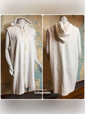 LA Gold Vintage Sleeveless Hooded Button-Front Terry Cover Up Mini Dress - White